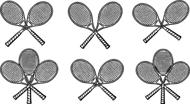 Set of tennis racket vector illustrations in black outline style, isolated sports equipment collection, hand drawn design elements for logo, print, and branding 