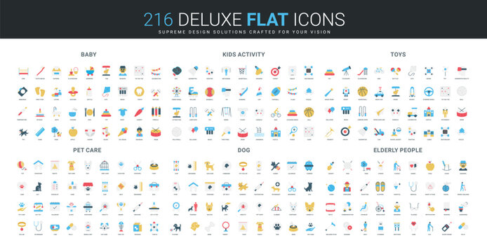 Comprehensive flat icon collection showing baby essentials, kids activities, toys, pet care, dog supplies, and elderly people needs, covering daily life and care themes isolated vector illustration