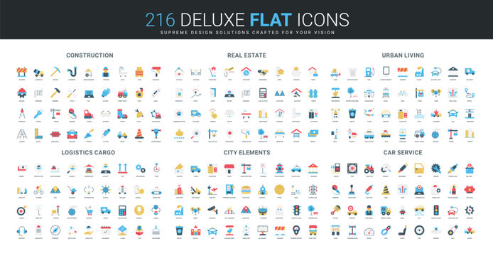 Comprehensive flat icon collection covers construction, real estate, urban living, logistics, city elements, car service themes, modern design, diverse elements, isolated vector illustration