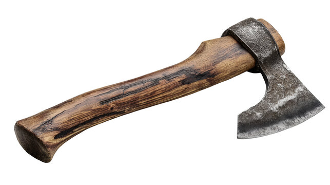Battle axe with wooden handle and worn blade, isolated on a white background