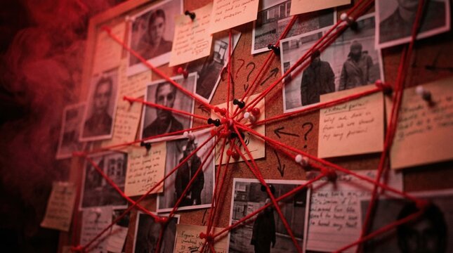 Detective investigation corkboard with red string connecting evidence and photos for case analysis