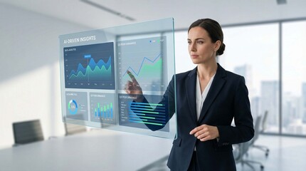 Fototapeta premium Corporate manager reviewing AI-generated analytics in transparent screen