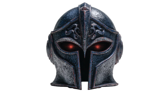 Knight helmet with glowing eyes and dark fantasy style, isolated on a white background