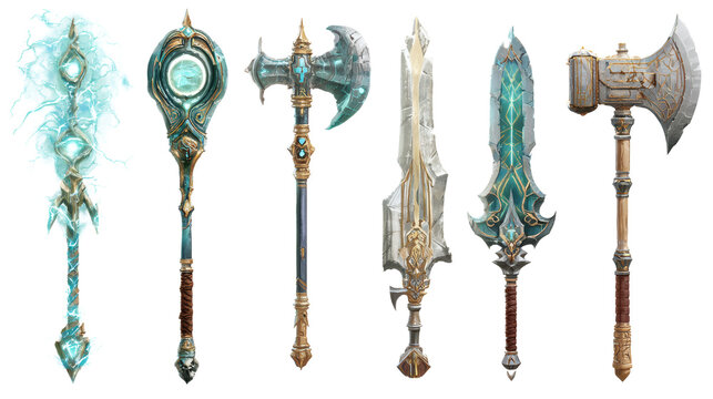 Enchanted weapons set including magic staff glowing dagger lightning hammer enchanted axe and rune sword