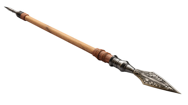 
Medieval spear with wooden shaft and metal tip, isolated on a white background