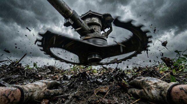 Powerful brush cutter spinning through muddy ground, heavy rain during dark stormy day. Hard work.
