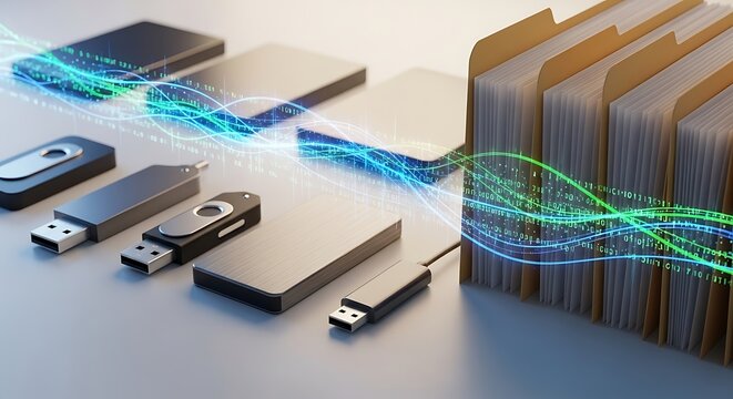 Digital data transfer from USB drives to organized file folders with binary code streams