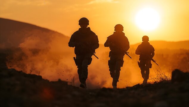 Cinematic silhouette of three soldiers walking through dust at sunset
