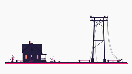Obraz premium Flat vector illustration of a minimalist house and power lines, suitable for urban planning, energy concepts, or architectural design.