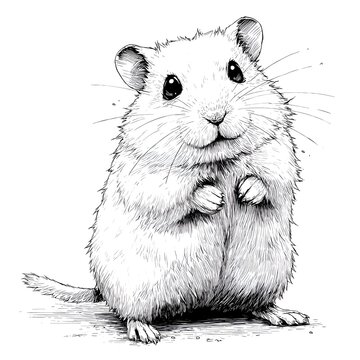 An adorable hamster with fluffy fur sits upright, its tiny paws delicately folded as it gazes forward with a sweet and gentle expression.