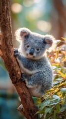 Obraz premium Cute Koala Clinging To Tree Branch Golden Hour Sunlight Illuminates Fur Lush Green Foliage Soft Bokeh Background