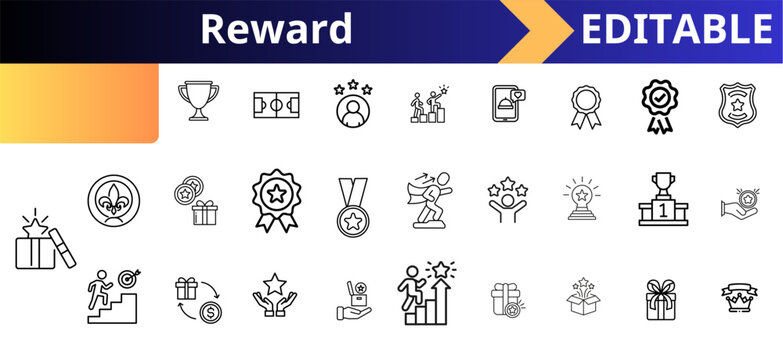 Reward achievement system outline icons set. trophy award, success progress, winner medal, gift box, ranking badge, mobile rewards, champion podium, loyalty points, growth target