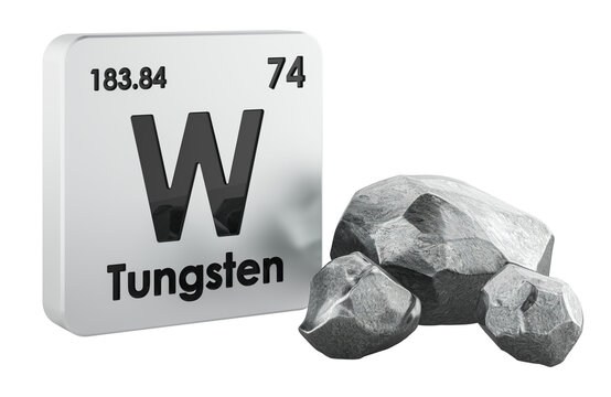 Tungsten element sign W with tungsten metal pieces. 3d rendering
