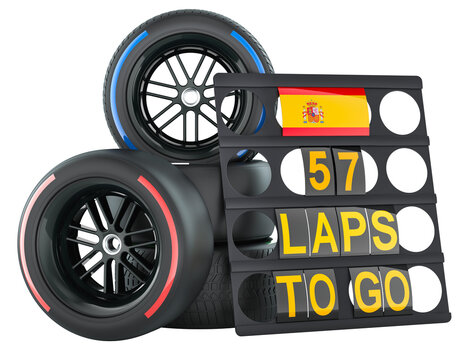 Spanish racing. Pit board with flag of Spain and racing wheels with different compounds type tyres. 3D rendering