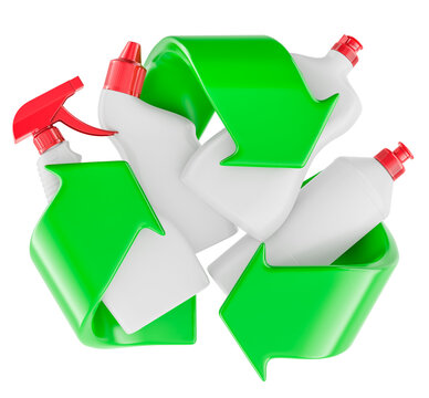 Plastic detergent bottles with recycling symbol. Waste sorting, recyclable packaging and eco friendly household cleaning, concept. 3d rendering