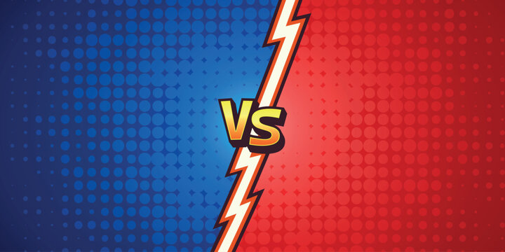 Comic Versus Vector Background. Versus Battle Screen. Versus vs Arena Split. Blue Red Halftone Divider. Game Competition Banner Template, Dynamic Fighting Poster Backdrop