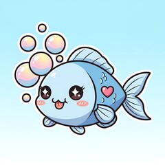Fototapeta premium Cute Kawaii Blue Fish with Heart and Bubbles.
