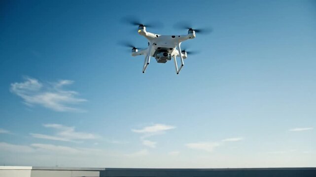 White quadcopter drone taking off from a rooftop landing pad under a clear blue sky. This modern unmanned aerial vehicle flies.
