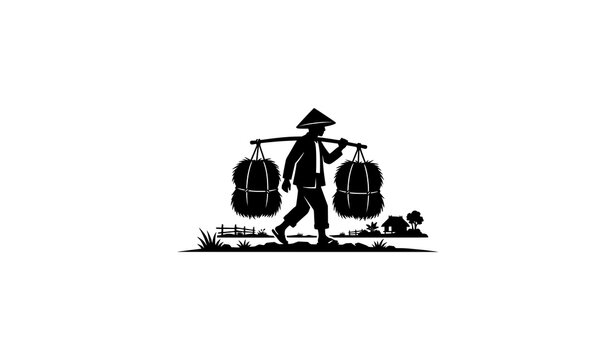 Traditional Farmer with Hay Bundles Shoulder Pole Silhouette Illustration