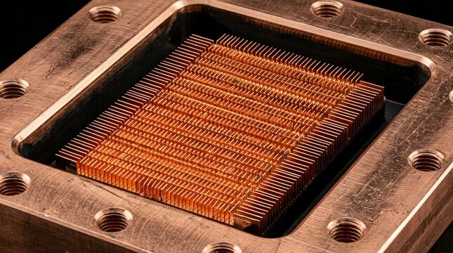 Close-up of a central processing unit (CPU) heatsink, electronic cooling and technology AI infrastructure, server farm, GPU cluster, data center hardware, parallel computing background, copy space