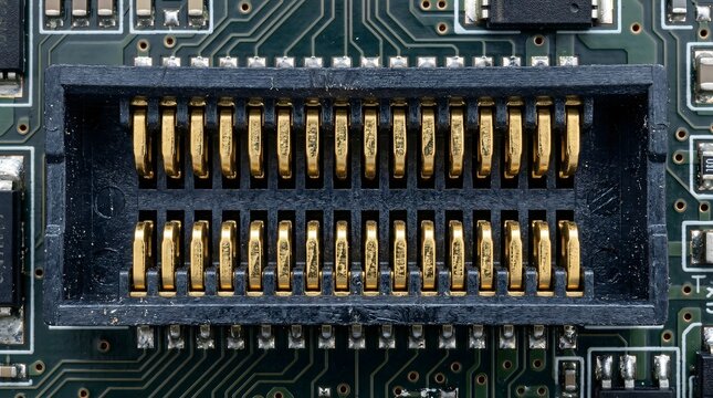 Electronic component close-up showing printed circuit board and golden contacts AI infrastructure, server farm, GPU cluster, data center hardware, parallel computing background, copy space