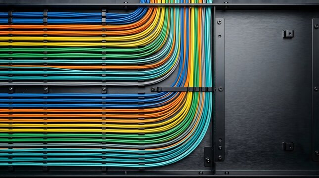 Colorful cable management system in server room, technology and data transfer AI infrastructure, server farm, GPU cluster, data center hardware, parallel computing background, copy space