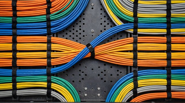 Network cables and structured cabling in data center or server room. AI infrastructure, server farm, GPU cluster, data center hardware, parallel computing background, copy space