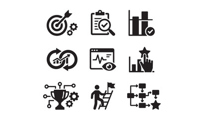 Fototapeta premium Business success achievement and growth milestones black silhouette icons