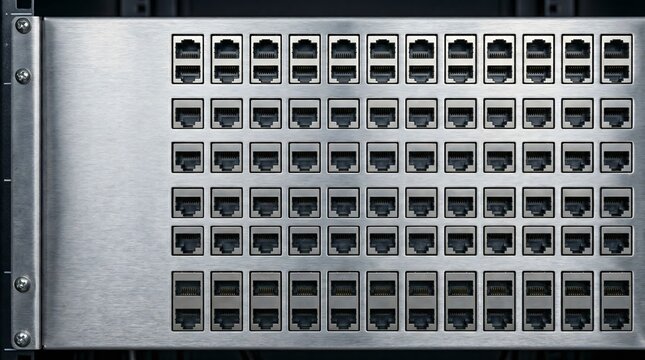 Network server panel with Ethernet ports, data transfer technology and communication AI infrastructure, server farm, GPU cluster, data center hardware, parallel computing background, copy space