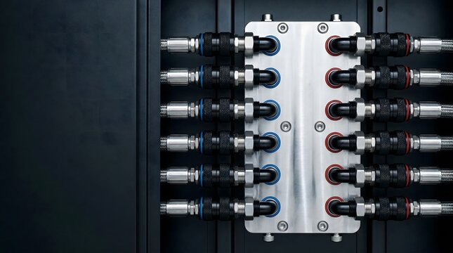 Industrial piping connections, technology and engineering concepts AI infrastructure, server farm, GPU cluster, data center hardware, parallel computing background, copy space
