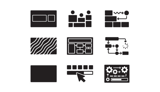Web design and development glyph icons set with development interface internet