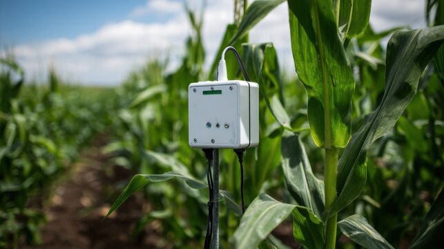 Modern Electromagnetic Soil Sensor in Lush Cornfield