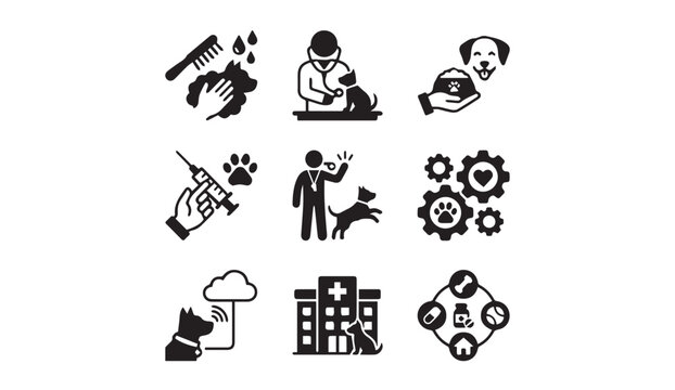 Pet care and veterinary services icons for animal welfare and health
