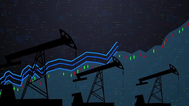 Silhouette Of Industrial Oil Pump Jacks Against A Dark Digital Background With Glowing Financial Market Data, Stock Candlestick Charts, Oil War, Oil Price Rising Graphs, And Scrolling Numbers 