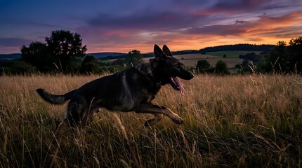 Naklejka premium German Shepherd dog running through golden grass field at sunset with dramatic purple and orange sky in rural countryside landscape.