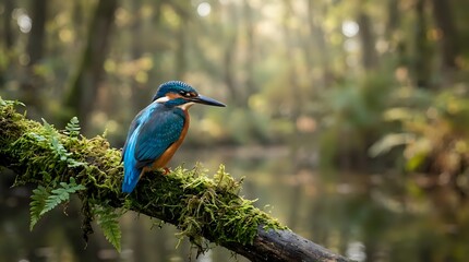 Obraz premium Vibrant blue kingfisher bird perched on moss-covered branch in natural forest habitat with soft bokeh background for wildlife photography projects.