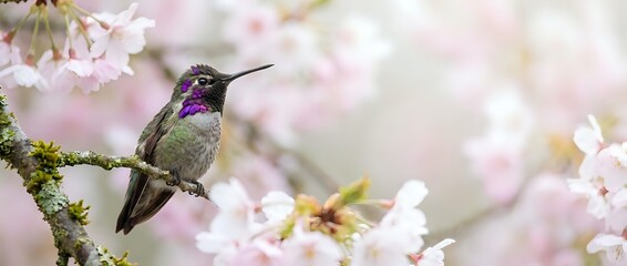 Obraz premium Small hummingbird with iridescent green feathers and purple throat perched on blooming cherry blossom branch in soft spring garden setting.