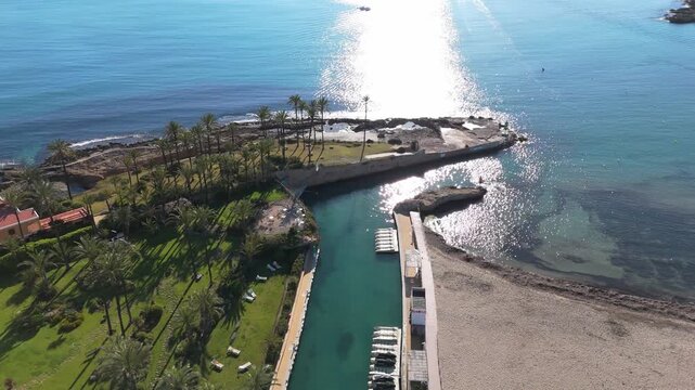 Drone flying above javea town coast in spain