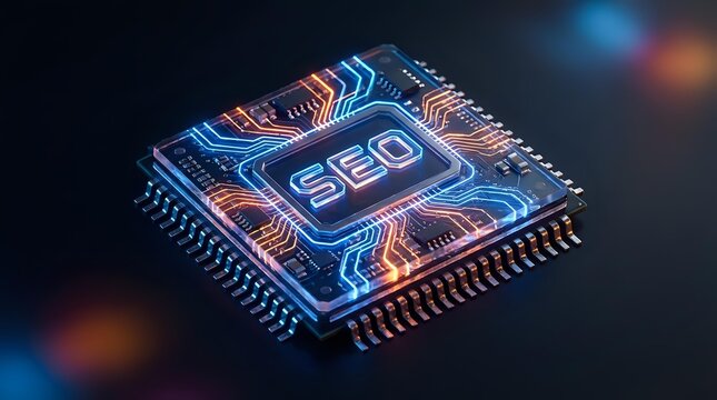 Futuristic microprocessor chip with glowing SEO text and neon circuit patterns on dark background for technology and digital marketing concepts.