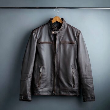 Dark brown leather jacket on a wooden hanger against a grey textured wall.