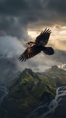 Obraz premium Majestic raven soaring over dramatic mountain landscape with stormy clouds and golden sunlight breaking through for nature and wildlife themes.