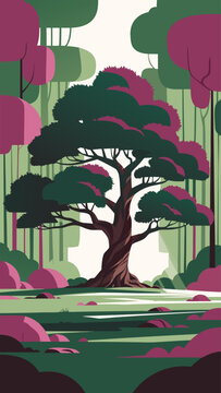 lat vector wallpaper of Large Majestic Ancient Tree in a Lush Fantasy Forest with Pink and Green Foliage