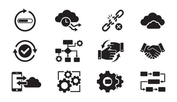 Cloud data sync process management business partnership icons with workflow