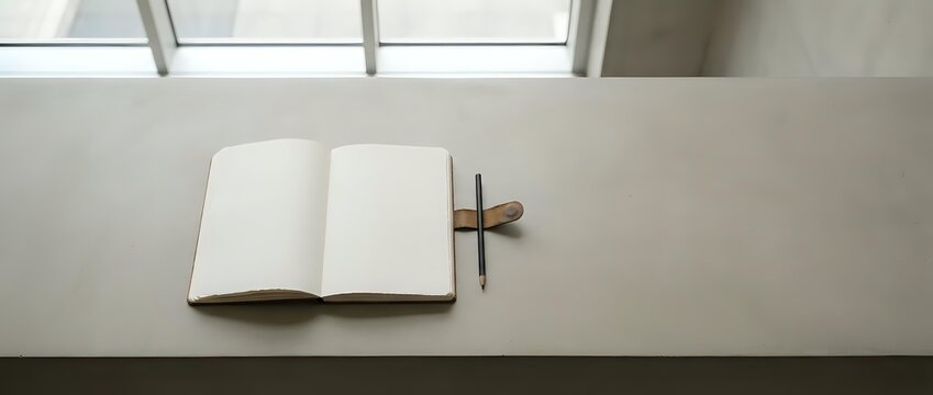 Minimalist workspace with open blank notebook and wooden cross on white desk near window for spiritual writing, journaling, prayer planning, and faith-based content creation.