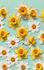 Vibrant daffodils and daisies bloom in cheerful patterns on a soft
