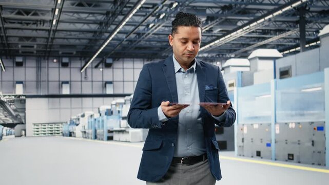 Holding processed silicon wafer, optimizations and manager inside automated manufacturing plant. Inspecting microelectronic equipment, quality control and Indian man, camera A