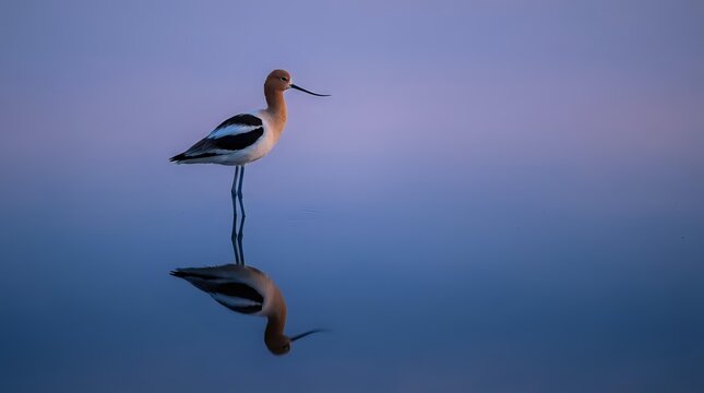 American avocet wading bird standing in calm water with perfect reflection during purple twilight hour creating serene nature scene for wildlife photography.