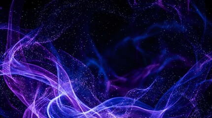 Obraz premium Abstract purple and blue energy waves flowing through cosmic space with glowing particles and light trails creating dynamic motion effects for digital backgrounds.