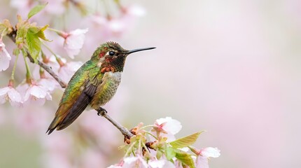 Obraz premium Male ruby-throated hummingbird perched on blooming cherry blossom branch with soft pink flowers and green leaves against blurred pastel background.