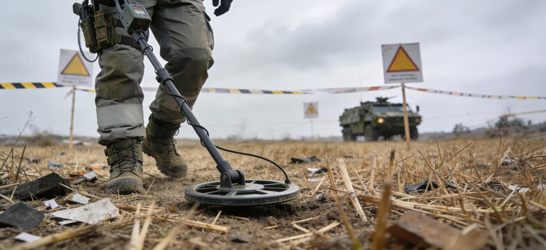 Soldier searches for explosives in a marked area during a military operation in a training ground